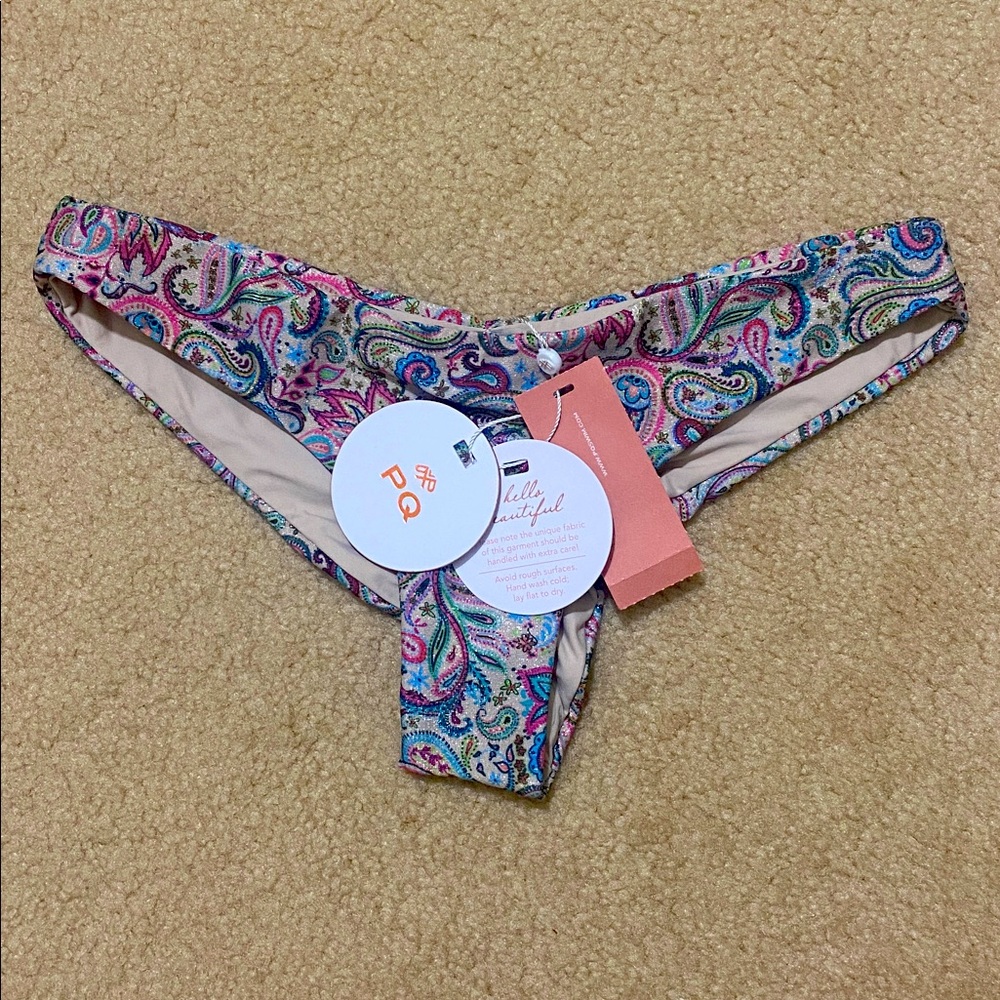 PILYQ Women's Paisley Print Basic Ruched Teeny Bikini Bottom w Glitters Size S